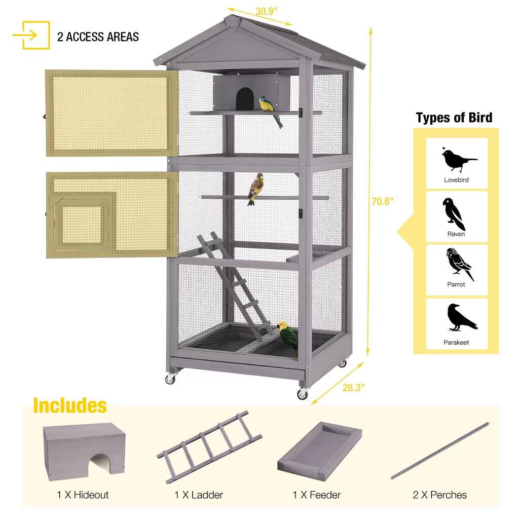 Large Wooden Birdcage with Stand for Parakeets, Cockatiel, Parrot A115355