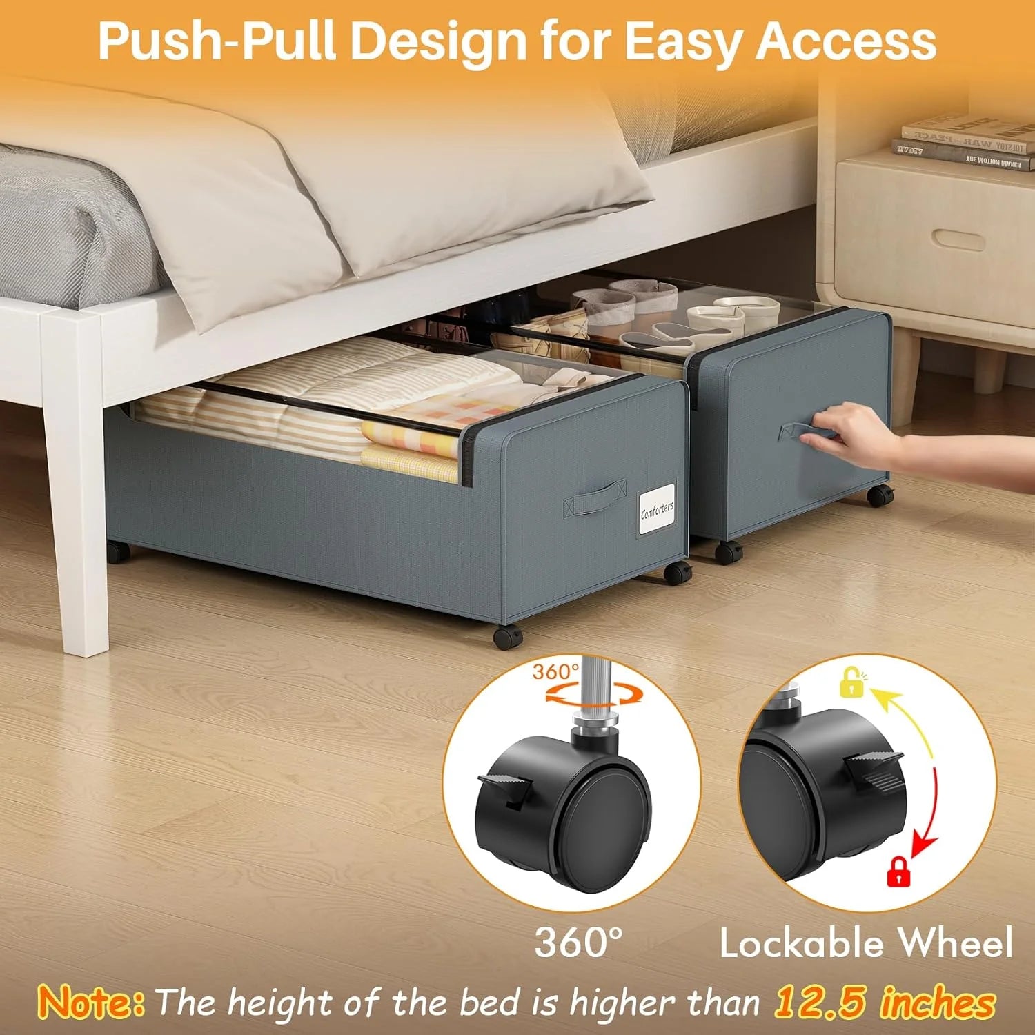Under Bed Storage Bins with Clear Lid and Wheels, 2 Pack S388