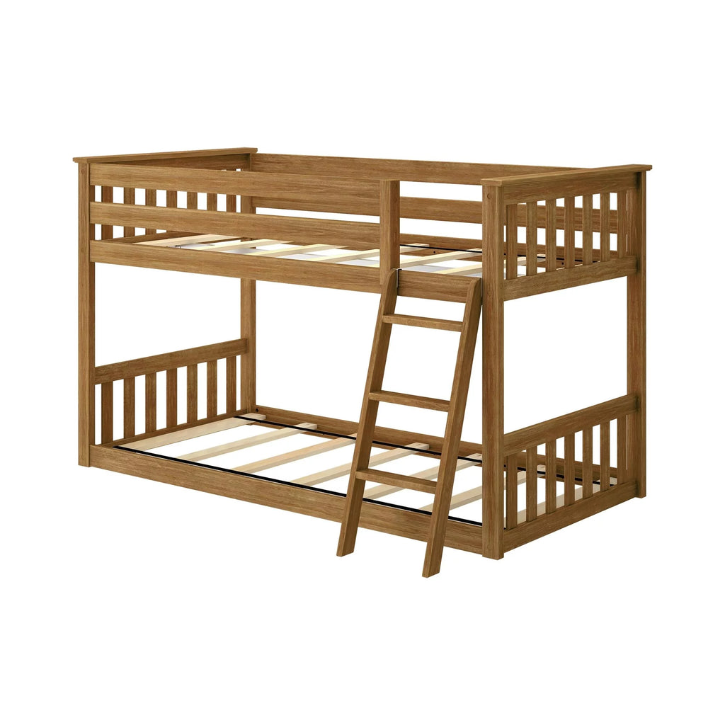 Twin over Twin Low Bunk Bed with Ladder for Kids, Solid Wood K190