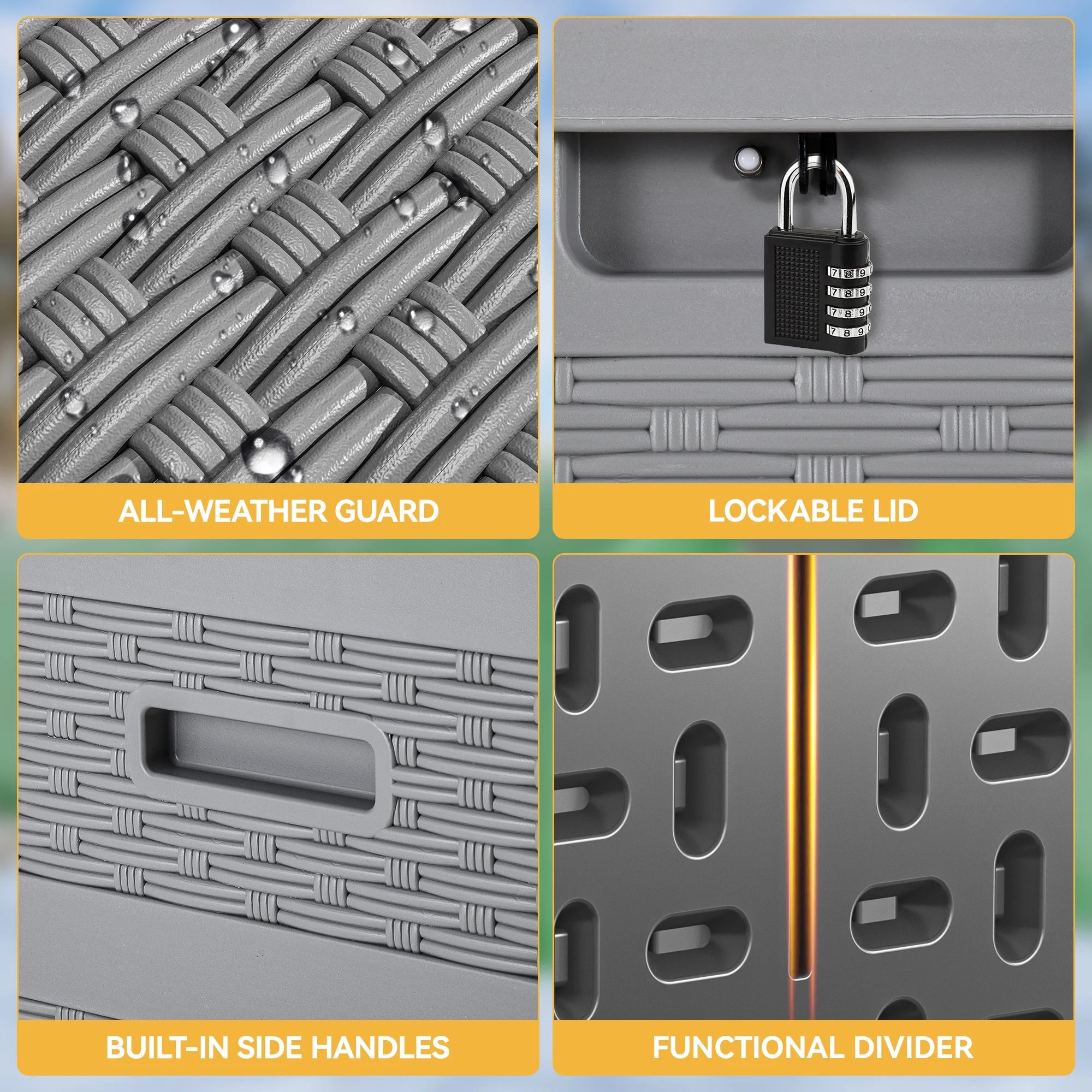 230 Gallon Resin Deck Box, Double-Wall Rattan Outdoor Storage for Patio Furniture, Waterproof and Lockable, Grey N62115