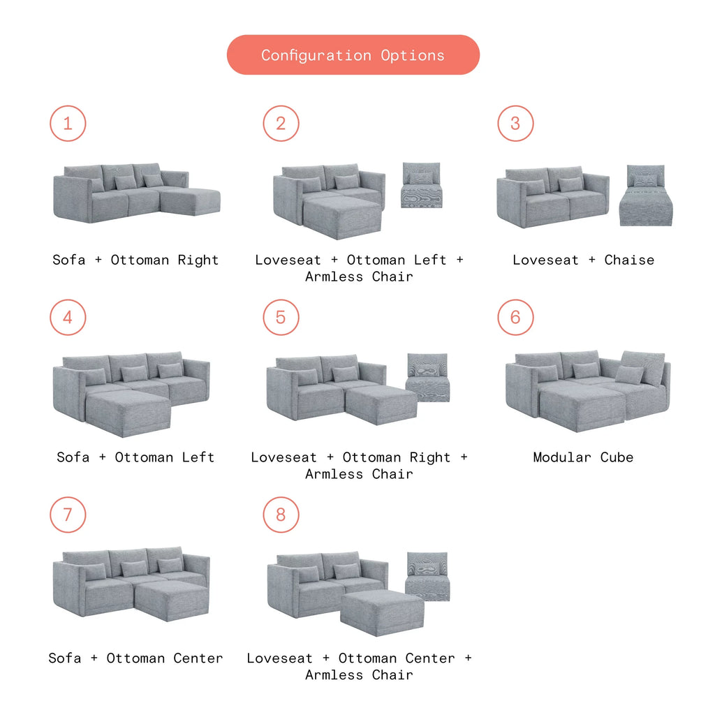 Modular Sectional Sofa with Ottoman, Gray Fabric R869