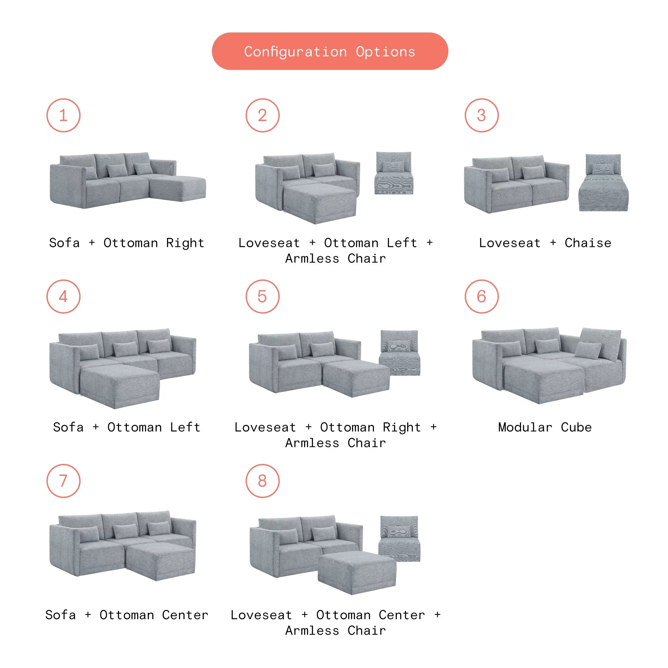 Modular Sectional Sofa with Ottoman, Gray Fabric R869