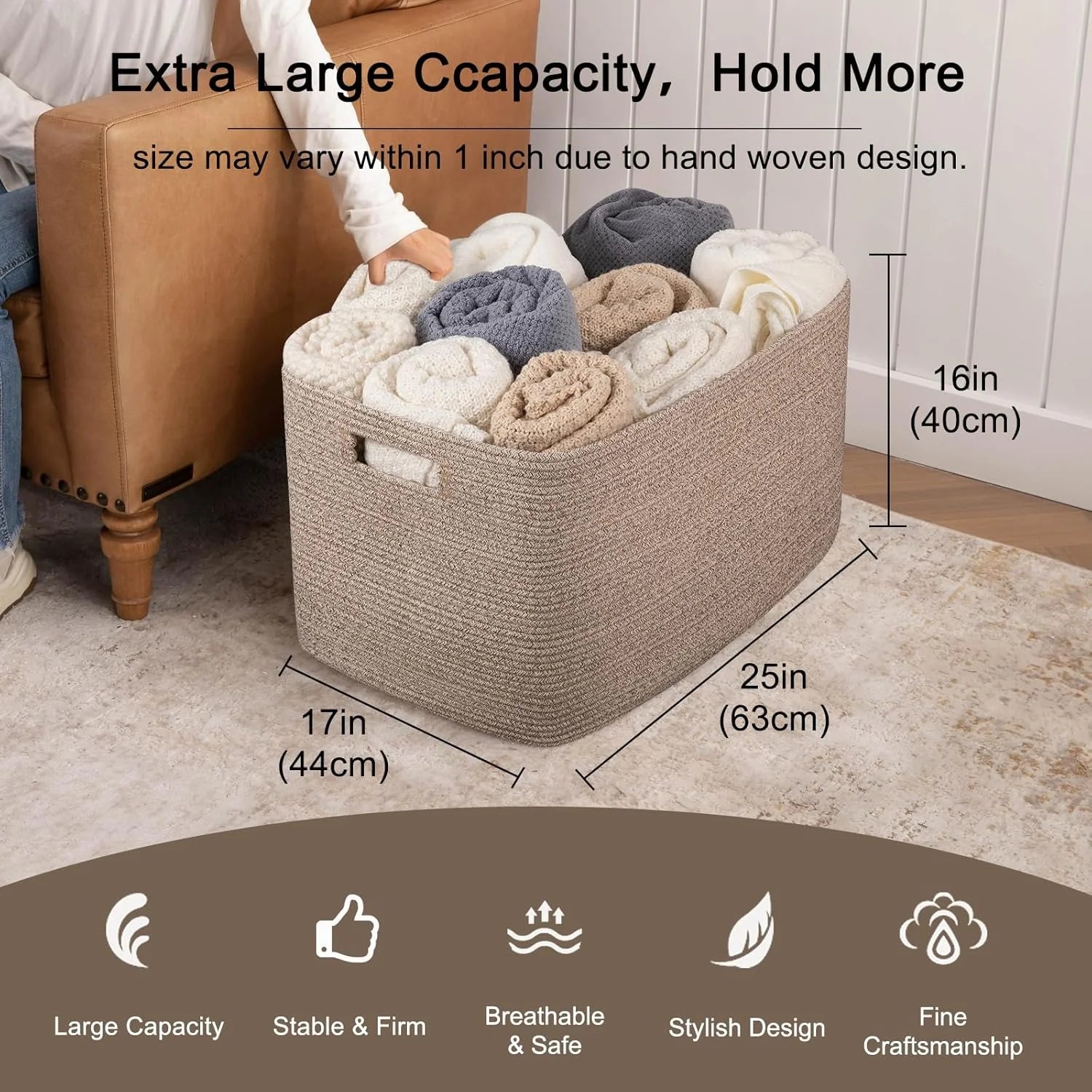 Cotton Rope Storage Basket, Oversized Blanket Basket for Living Room, Bedroom, Nursery F8776