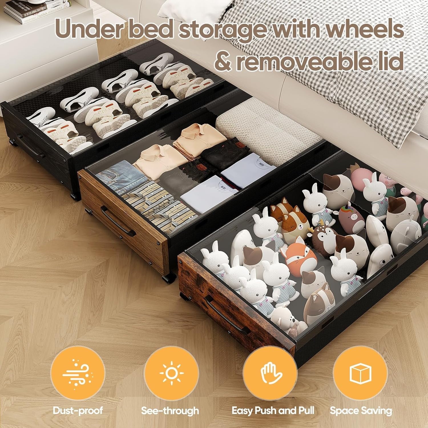 Under Bed Storage with Wheels, 2 Pack Rolling Metal Drawer for Clothes Q5272