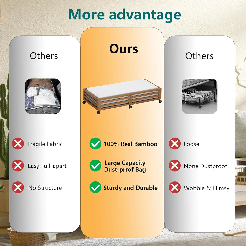 Bamboo Under Bed Storage Containers with Wheels and Dust Bag B86438