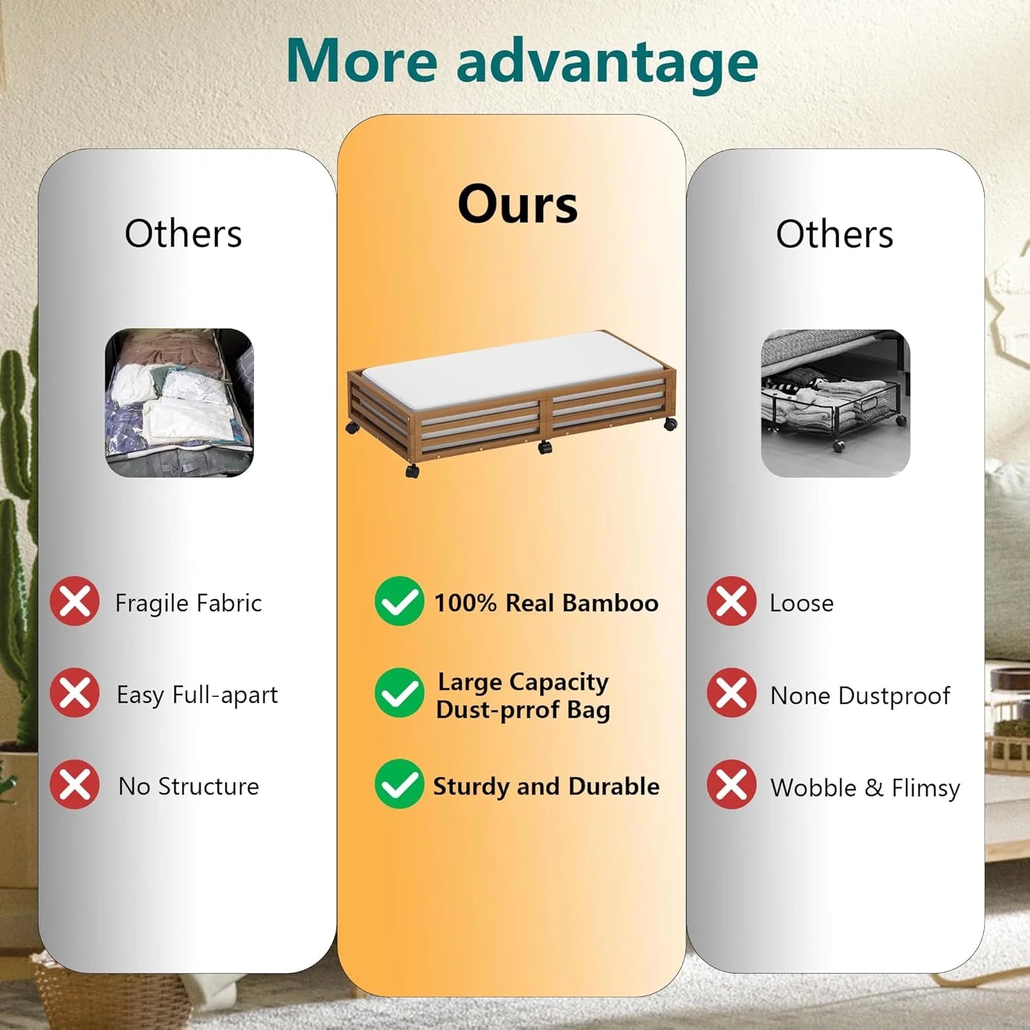 Bamboo Under Bed Storage Containers with Wheels and Dust Bag B86438