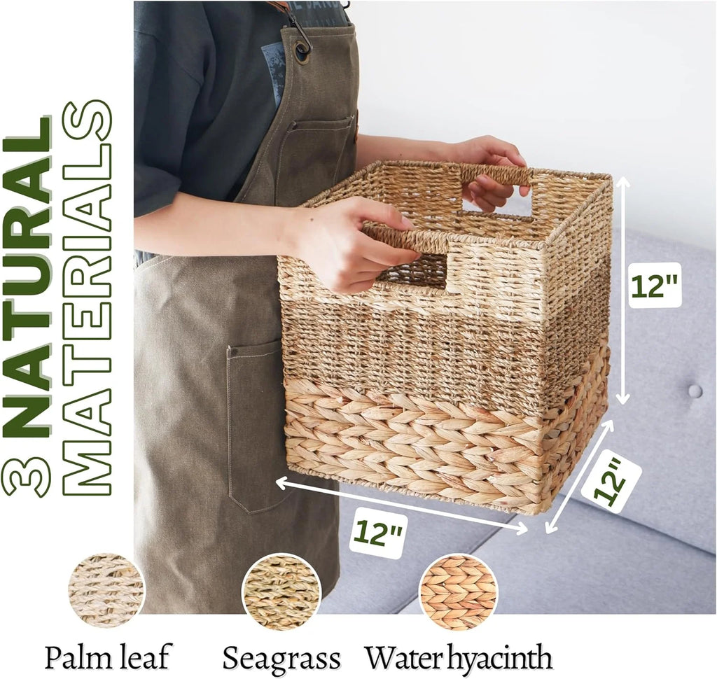 Natural Wicker Storage Cubes, 12x12 Bins, Set of 4 Heavy Duty Hyacinth Baskets for Shelf, Foldable Square Baskets E946733