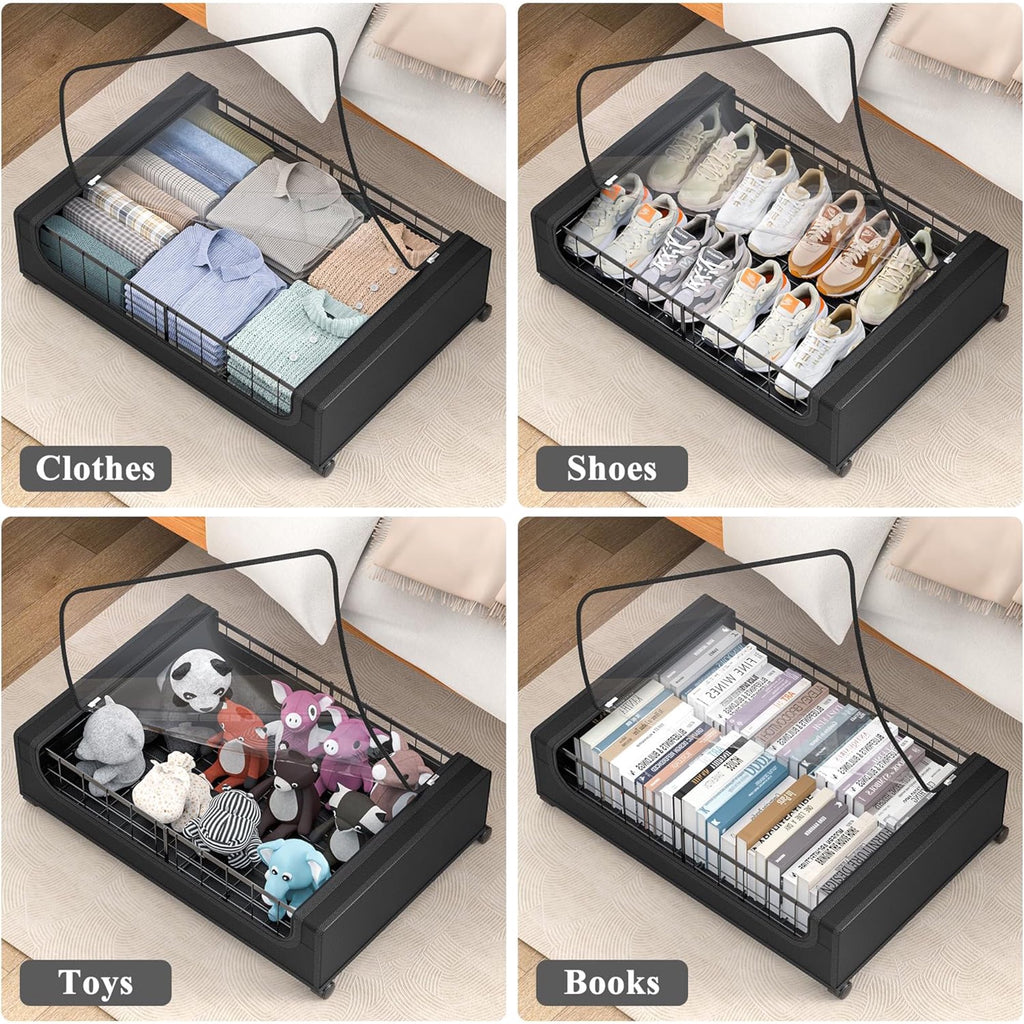 Under Bed Storage with Wheels and Cover, Metal Drawers, Black A21548