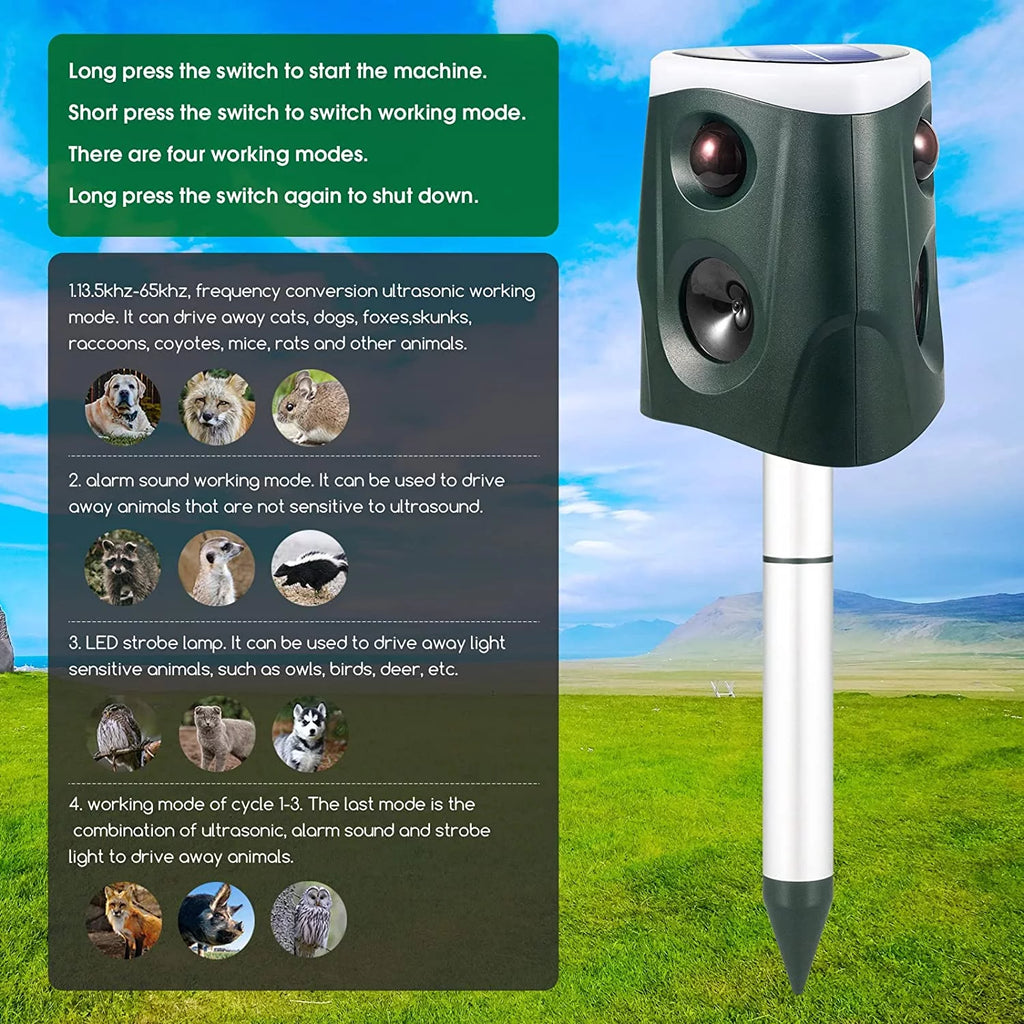 Ultrasonic Animal Repeller Outdoor Waterproof with PIR Sensor and Strobe Light F920