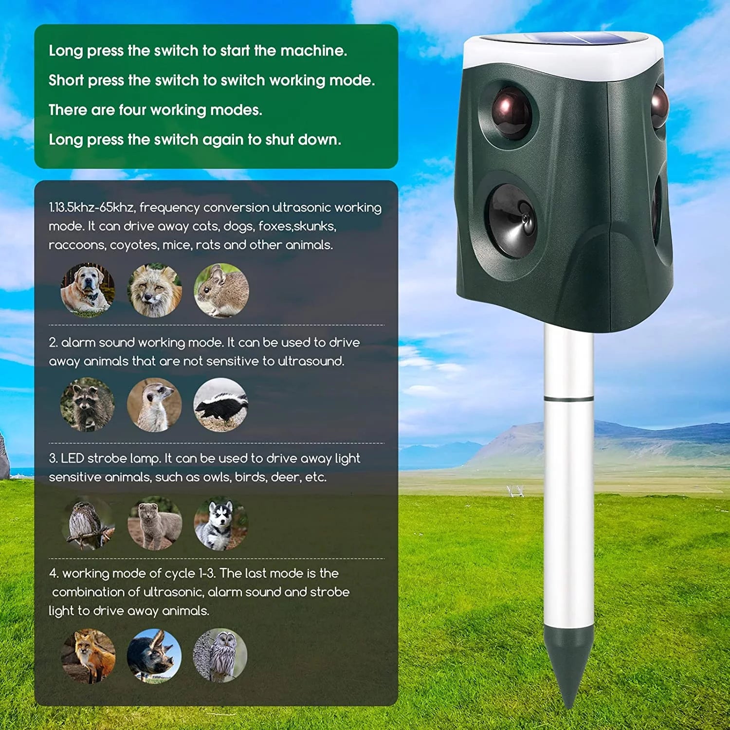 Ultrasonic Animal Repeller Outdoor Waterproof with PIR Sensor and Strobe Light F920
